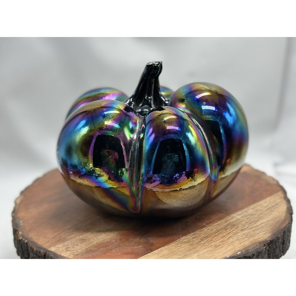 Carnival Glass Iridescent Pumpkin Sculpture w/ Twisted Black Stem Fall Harvest
